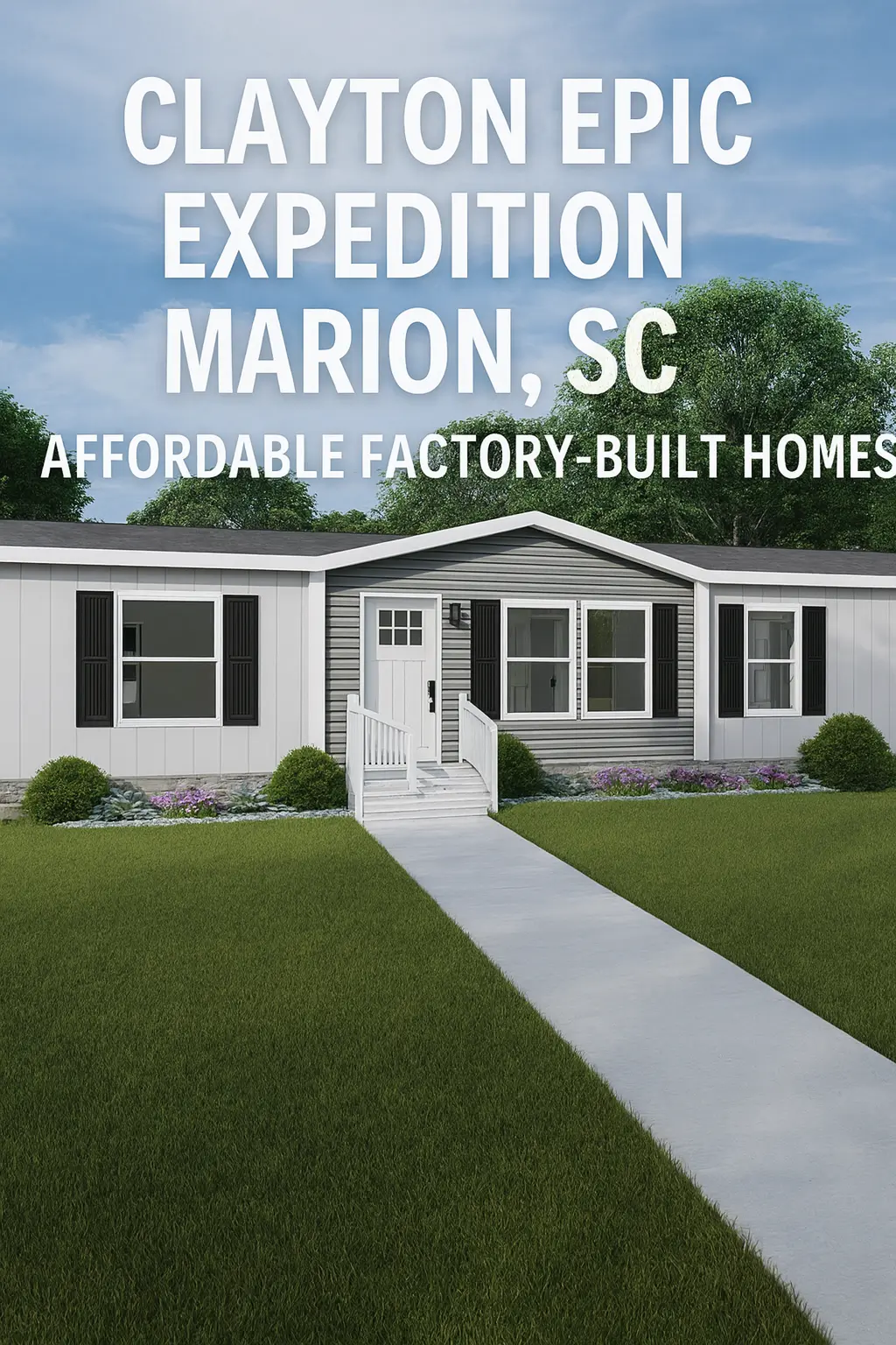 Exterior view of the Clayton Epic Expedition manufactured home in Marion, SC with landscaped yard, modern gray-and-white siding, and promotional text overlay highlighting “Affordable Factory-Built Homes.”