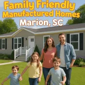 Family standing in front of family friendly manufactured home in Marion SC