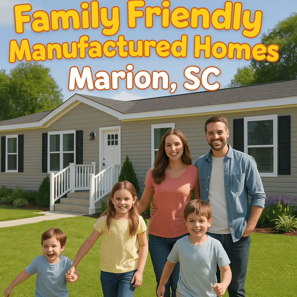 Family standing in front of family friendly manufactured home in Marion SC