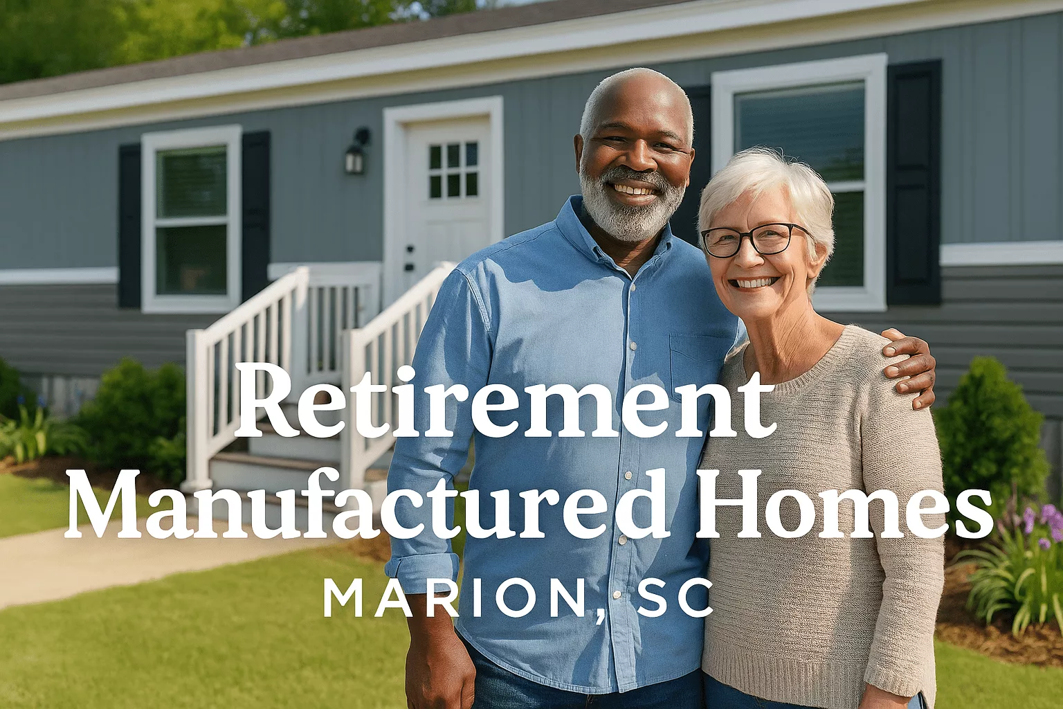 a senior couple standing in front of a modern manufactured home in Marion, SC