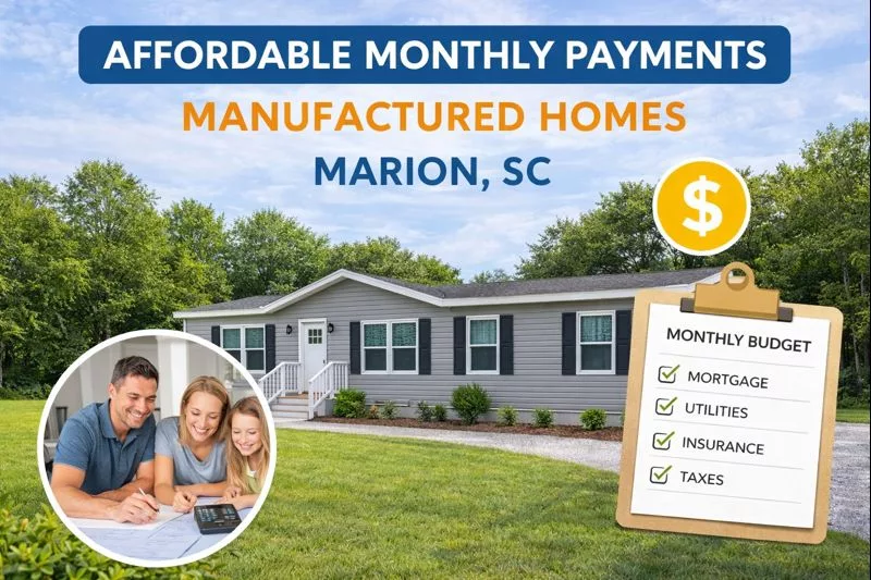 Affordable monthly payments manufactured homes Marion SC exterior view of modern manufactured home with landscaped yard.