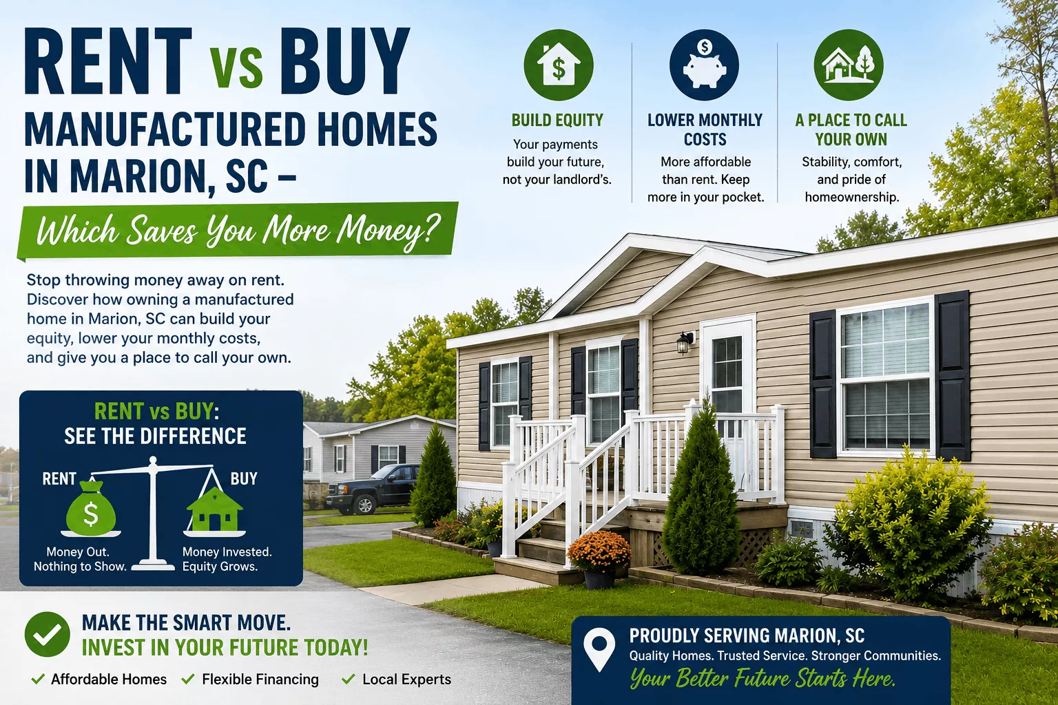 Modern manufactured home community in Marion, South Carolina with a rent vs buy comparison infographic highlighting homeownership benefits such as building equity, lowering monthly costs, and investing in a better financial future.