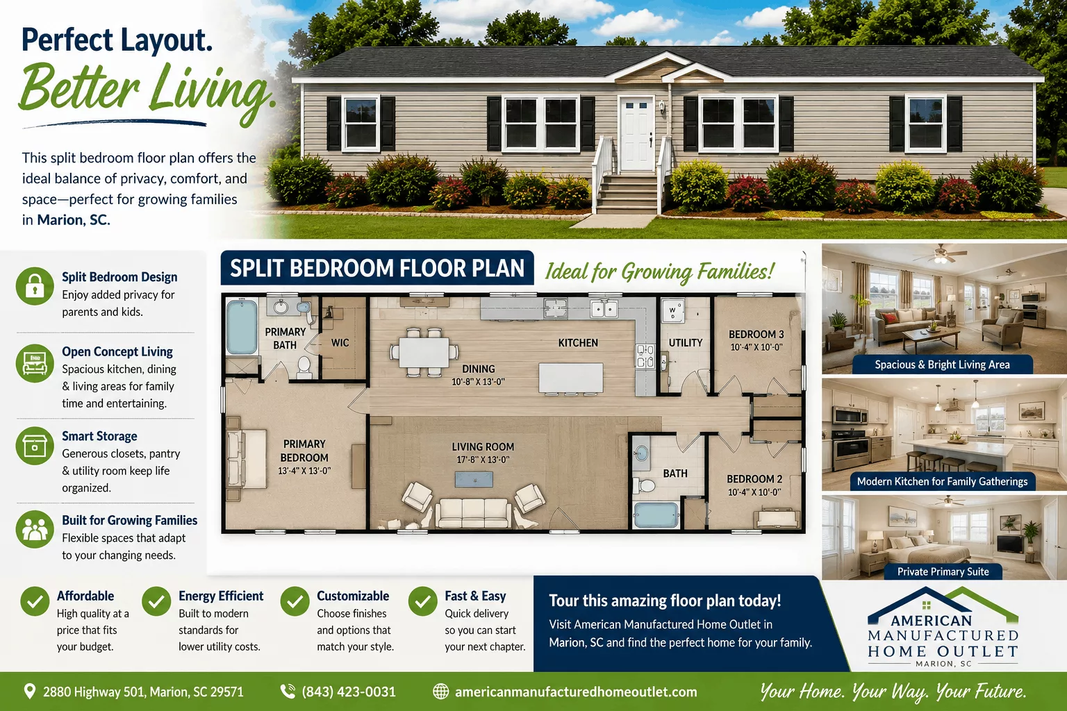 Split bedroom manufactured home floor plans in Marion SC for growing families