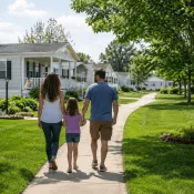 Families walking through a peaceful manufactured home community with sidewalks and community green space.