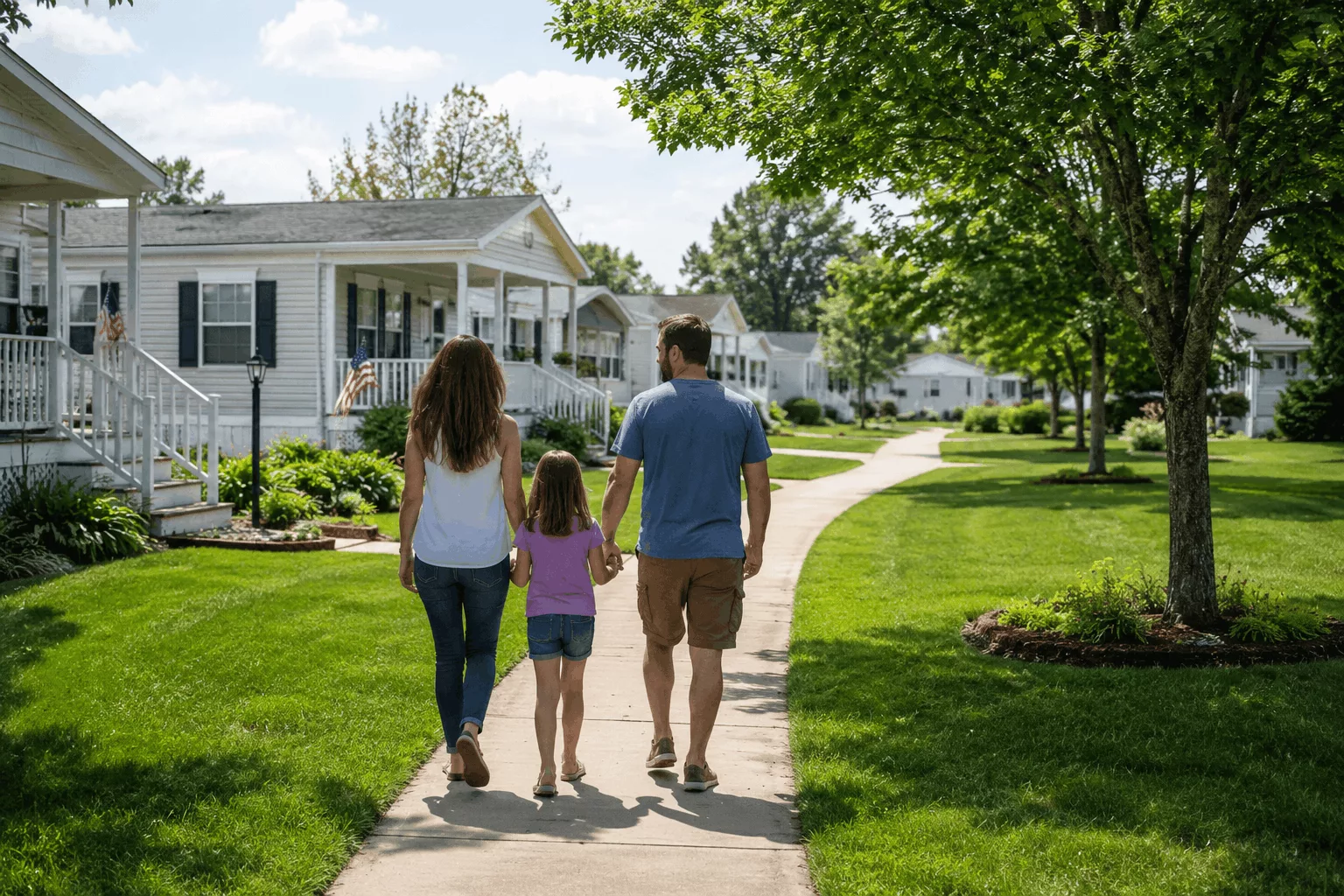 Families walking through a peaceful manufactured home community with sidewalks and community green space.